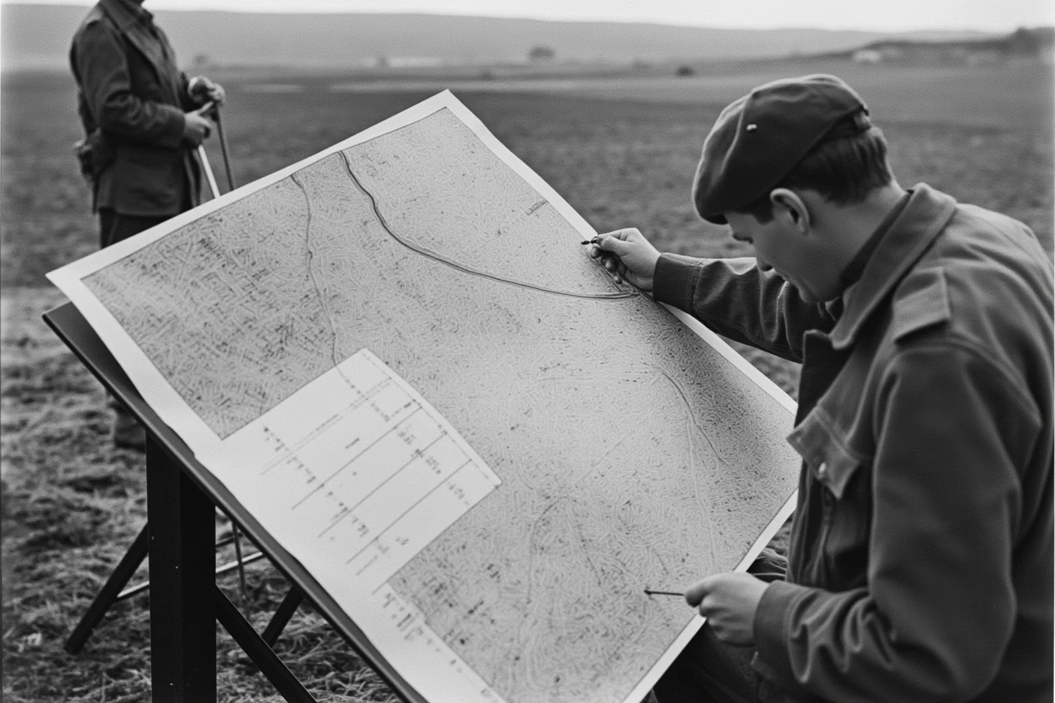 A World War I aerial reconnaissance photograph being used to update a topographic map on a field table.