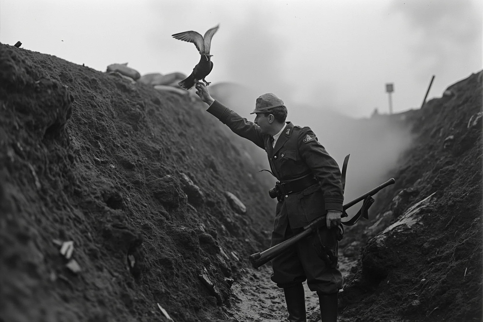 A World War I trench scene with a British soldier releasing a pigeon amid artillery smoke and sandbags in muddy conditions