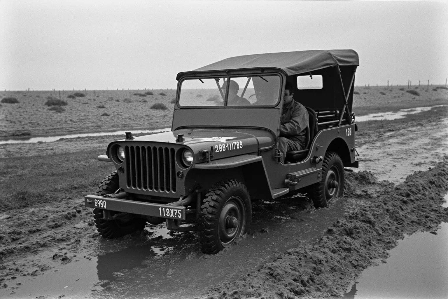 A World War II jeep driving through muddy terrain with soldiers, iconic military vehicle