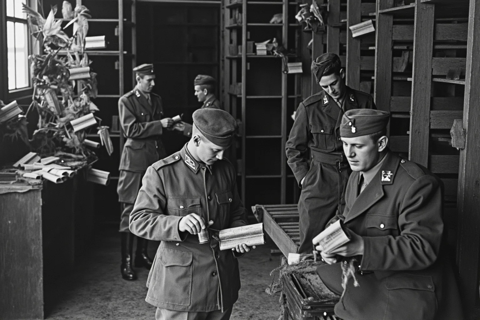 A World War II scene showing a British pigeon loft with soldiers in uniform preparing small message canisters for attached pigeons
