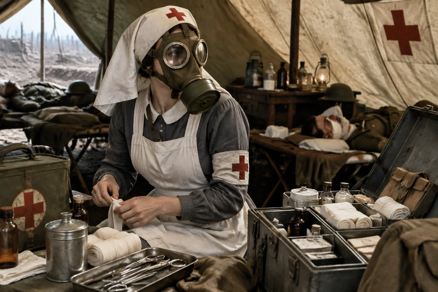 A WWI nurse in a field hospital, wearing a gas mask, with medical supplies around, safe for work.