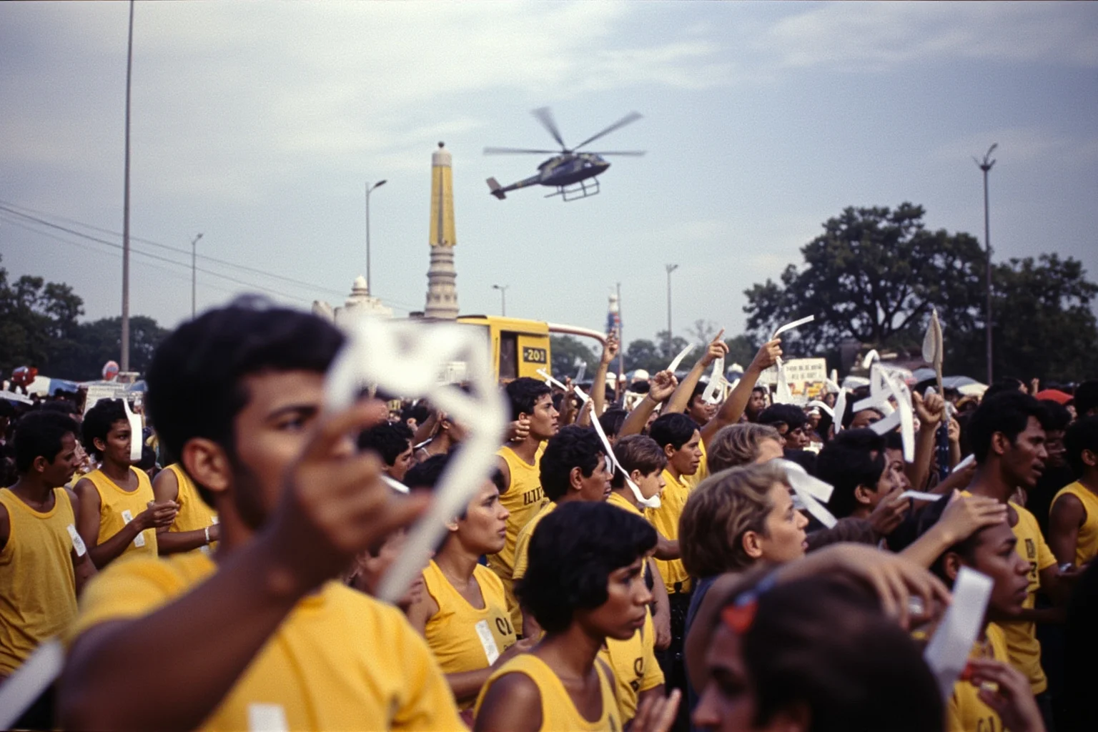 22 Evil Dictators Who Were Eventually Overthrown 15 A yellow crowd of protesters in Manila with white ribbons, a helicopter overhead, 1986, blurred faces.