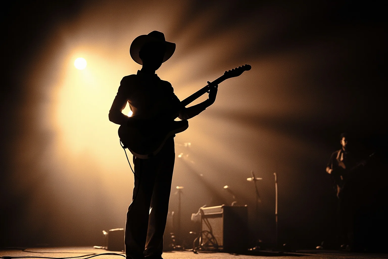 A young 1950s rock and roll musician silhouette on a stage with a spotlight, vintage guitar, retro poster style, no identifiable faces
