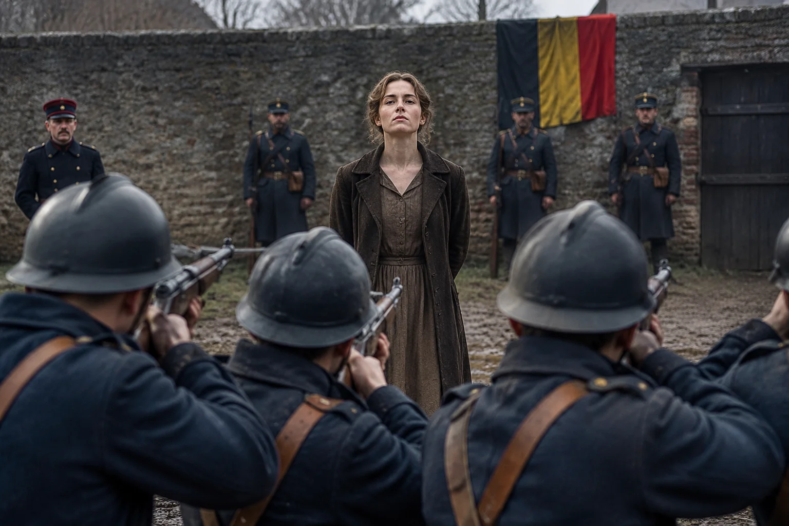 A young Belgian woman standing defiantly in front of a firing squad, WWI setting, safe for work.