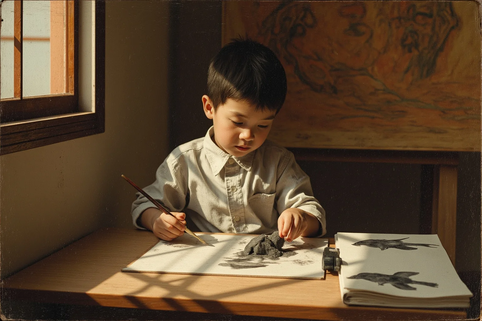 A young boy at a table sketching a dove with charcoal in a sunlit Spanish room, his father's easel in the background, nineteenth-century style painting