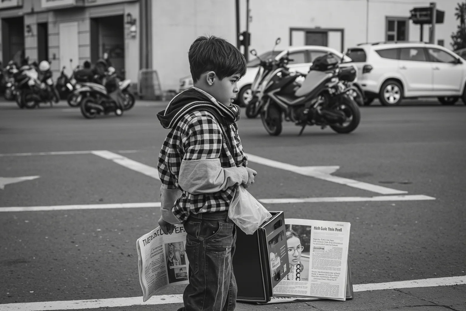 A young boy selling newspapers on a city street corner, helping support his family.