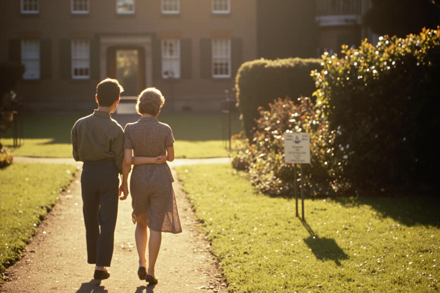 Things To Learn About The Beloved Princess Diana 4 A young couple walking through a formal English garden in the late 1970s, viewed from behind, faces not visible, soft golden light, no recognizable public figures.