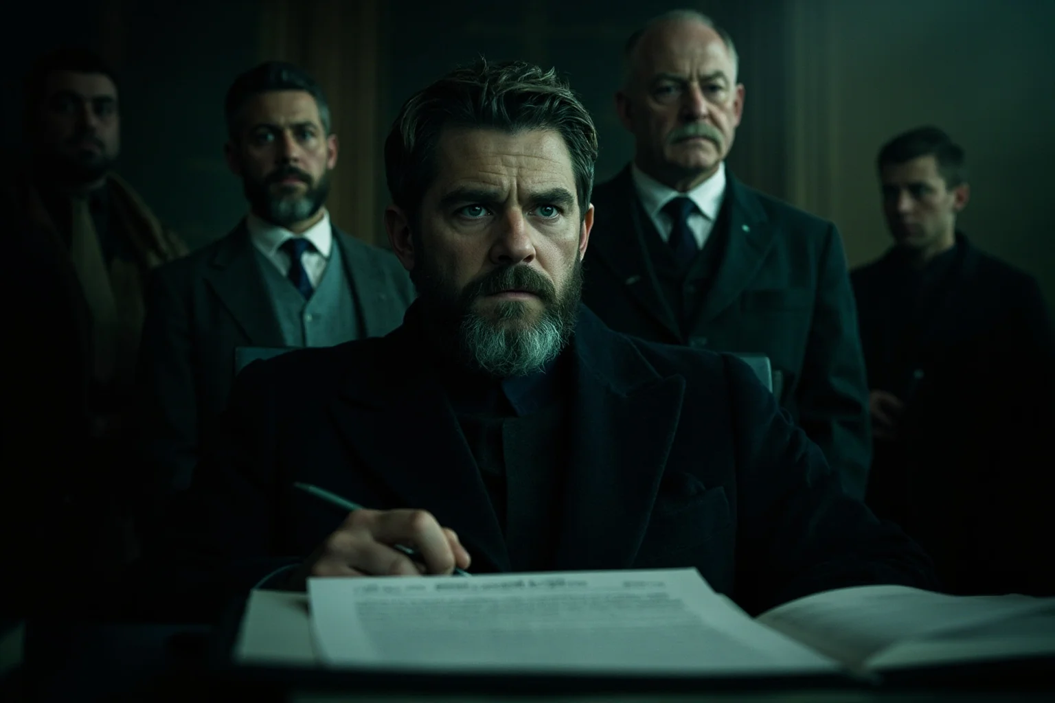 A young king in a dark suit seated at a desk with a document and a pen in a dim office, officials standing behind him, cold grey and green tones.