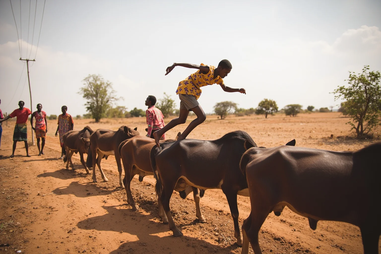 A young man mid-run over the backs of a row of cattle in a dry Ethiopian landscape, villagers in beaded attire watching