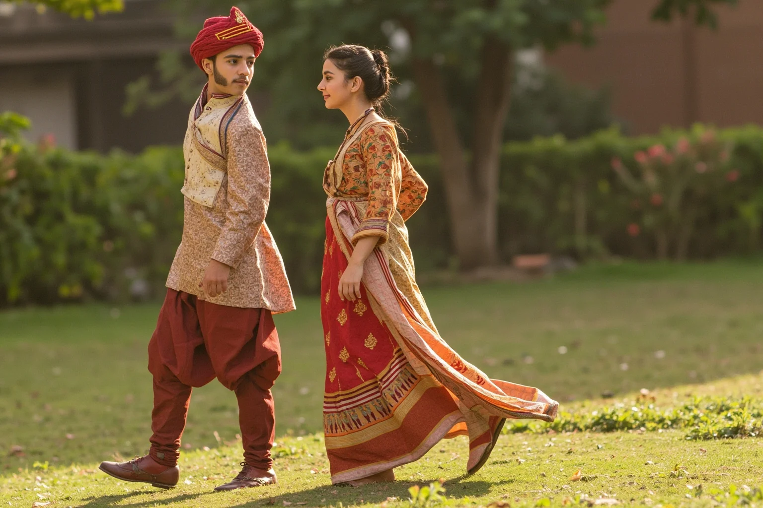 A young prince and noblewoman walking in a Mughal garden, faces not detailed