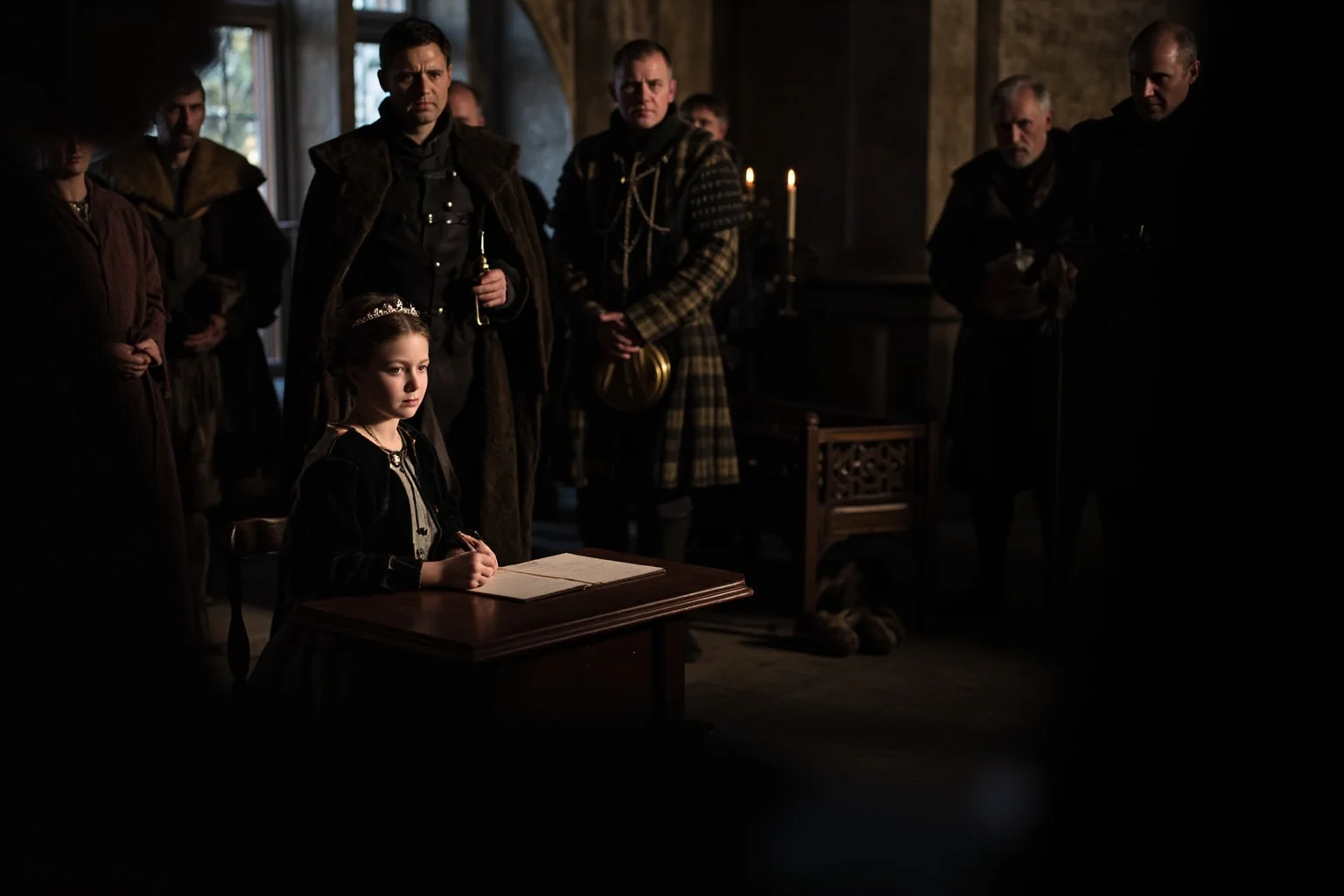 A young queen in a dark castle chamber signing a document under the watchful eyes of Scottish lords, a cradle visible in the corner, soft window light.