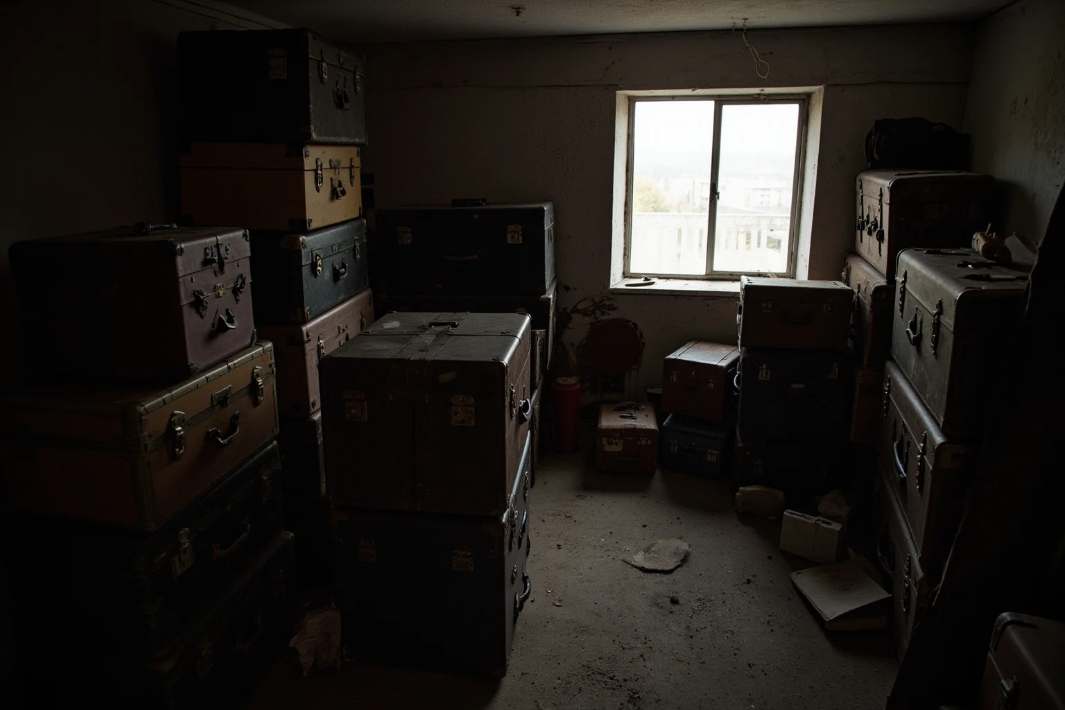 Abandoned hospital attic filled with dusty vintage suitcases and trunks, single window light, no people, photorealistic still life.