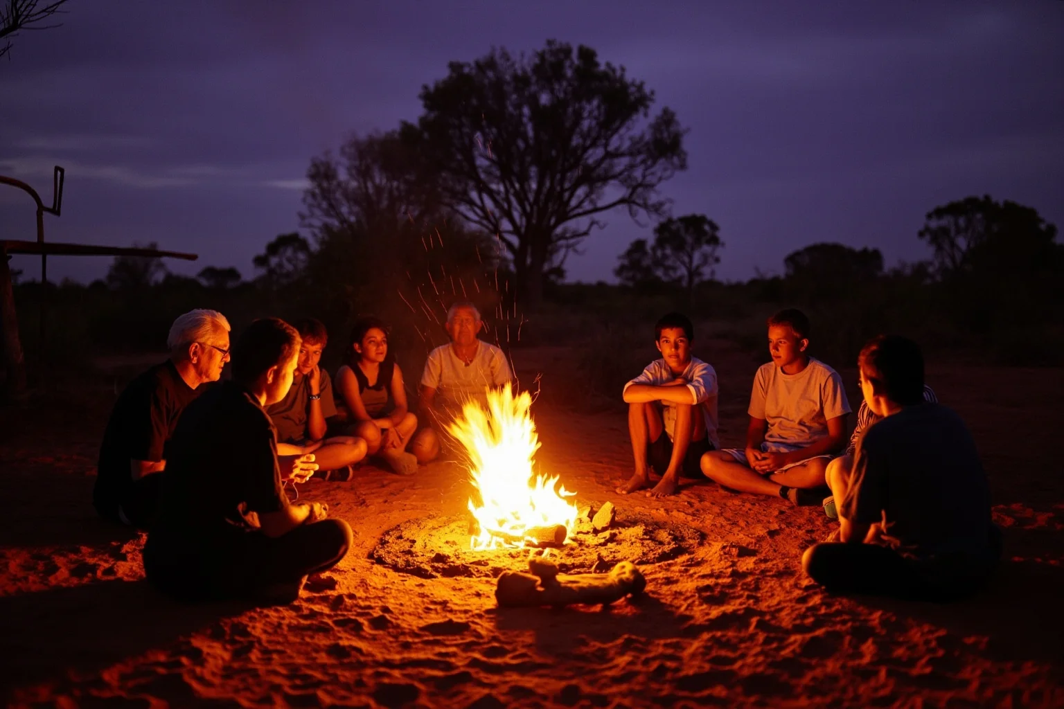 Aboriginal Australian elders sitting with young people around a fire in red desert country at dusk, respectful storytelling scene
