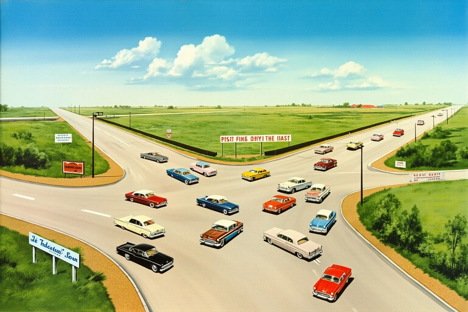 Aerial illustration of a 1950s interstate highway interchange with vintage cars, classic roadside signs, and a bright blue sky