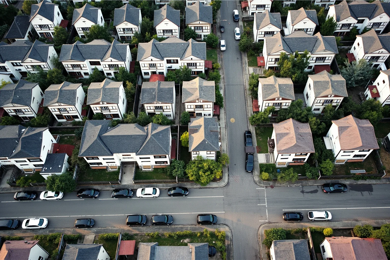 Aerial view of a 1950s suburban neighborhood with identical small houses, tidy lawns, and parked cars