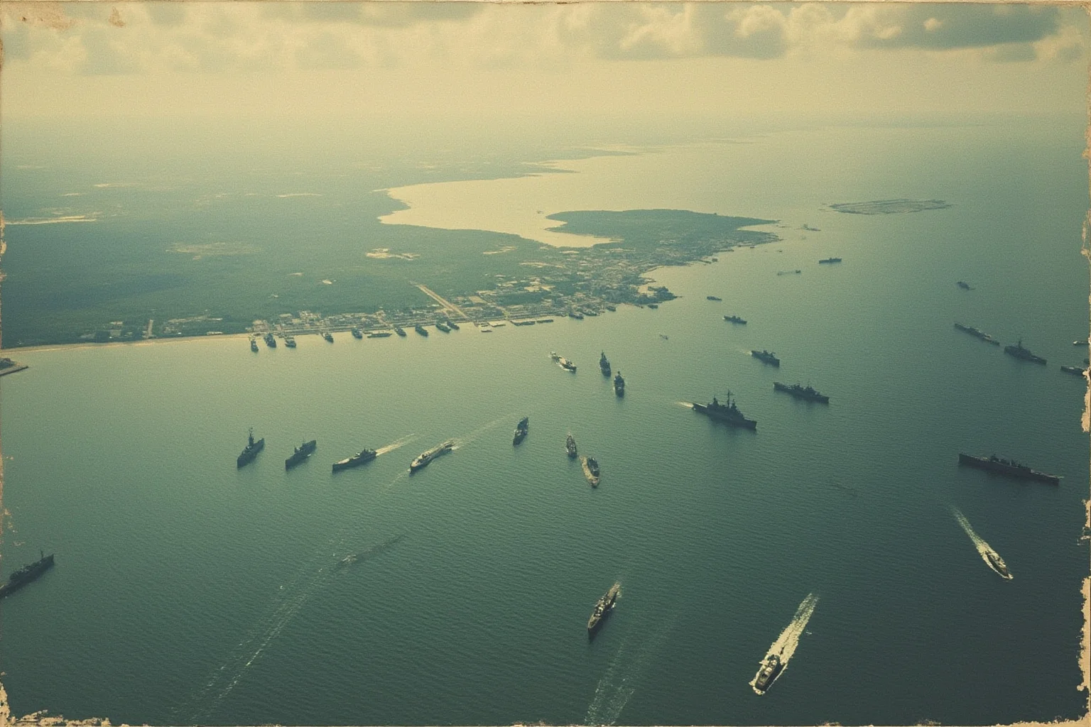 Aerial view of a Pacific harbor with battleships anchored in rows and aircraft carriers absent from the scene, vintage map aesthetic
