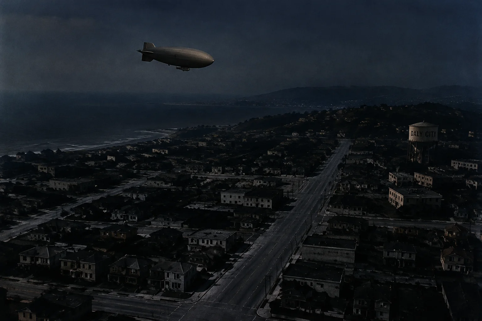 Ghost Blimp 1942: The WWII Blimp That Landed in San Francisco Without a Crew 4 Aerial view of a small blimp drifting over Daly City, California, 1942, with empty streets and wartime blackout conditions, vintage colorized look.