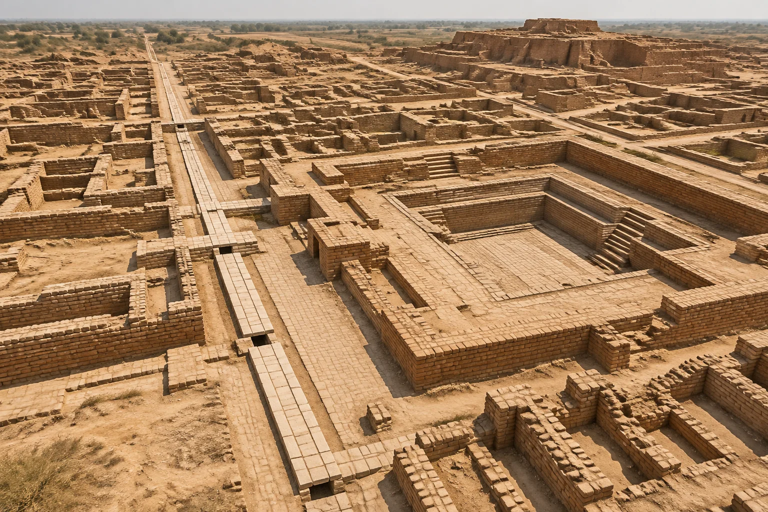 23 Historical Finds That Reveal Advanced Ancient Civilizations 3 Aerial view of the grid streets and brick ruins of Mohenjo-daro in the Indus Valley, with a reconstructed covered drain and the Great Bath visible, dusty ochre tones, no people.