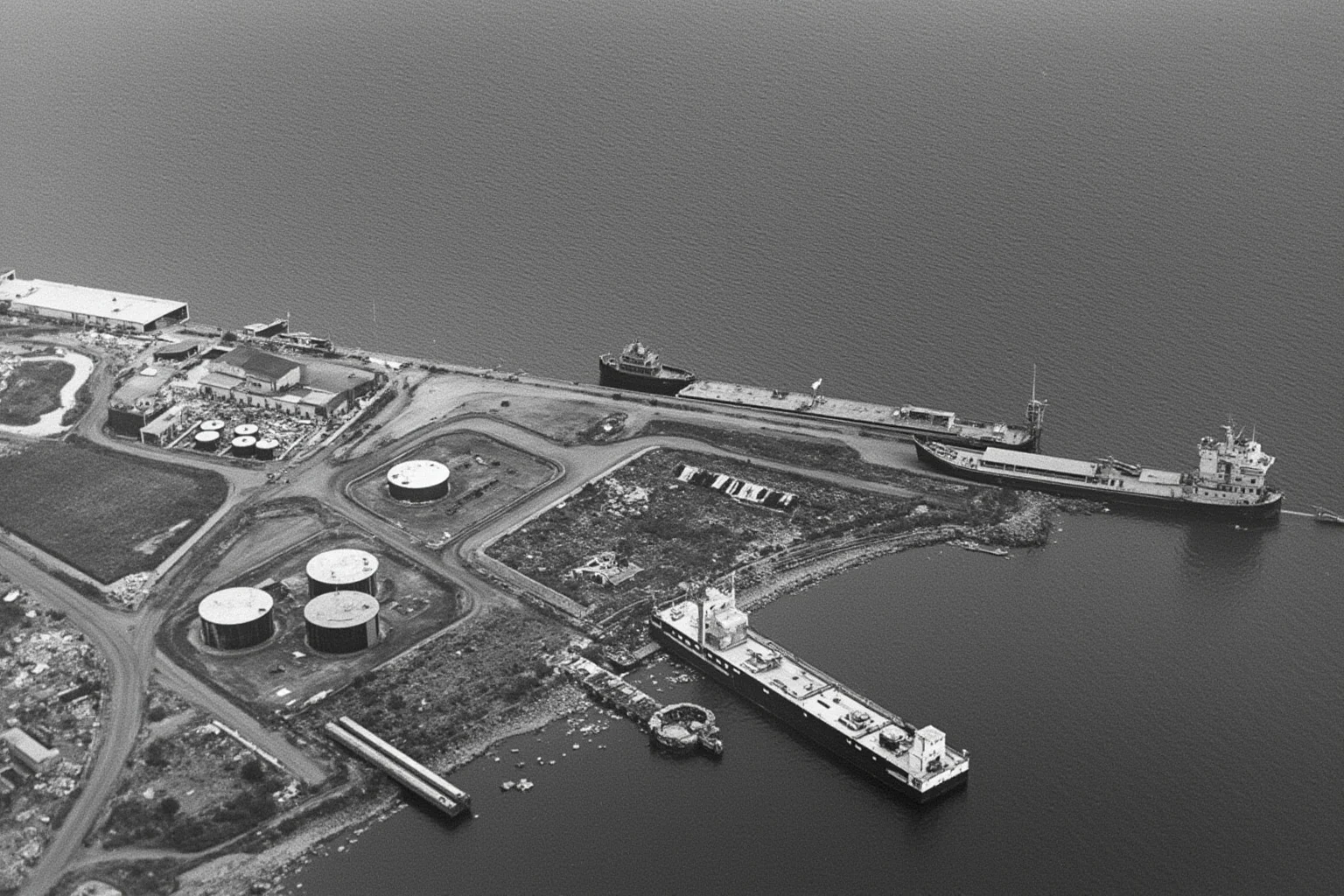 Aerial view of untouched fuel storage tanks and dry dock facilities beside a damaged harbor, 1940s wartime map style