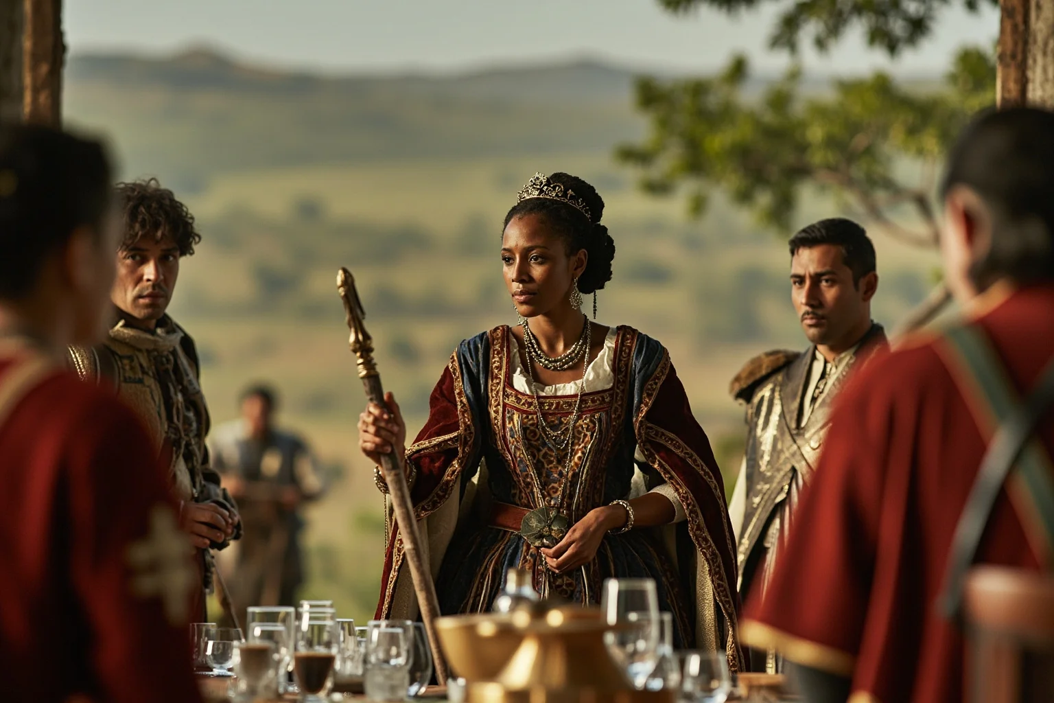 African queen in 17th-century royal attire holding a diplomatic staff, Portuguese officials across the table, tropical landscape