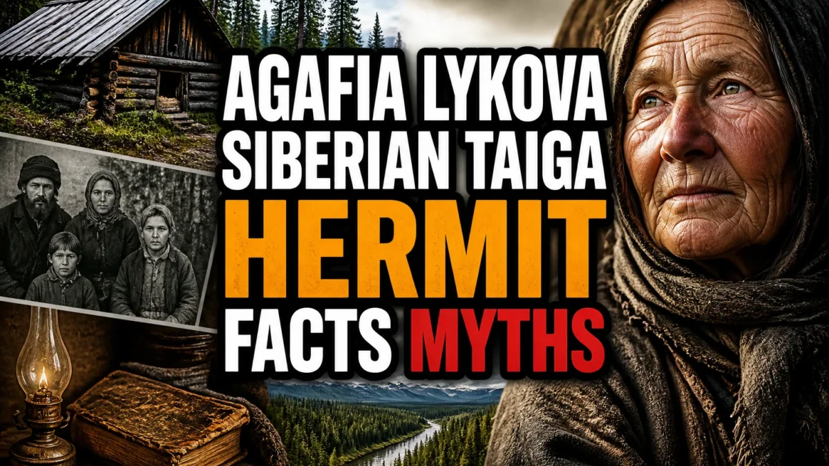 A bold, high-impact blog featured image in the style of a professional YouTube thumbnail or documentary poster. Create a dramatic photo-collage montage of 3-5 distinct historical scenes, subjects, or artifacts directly relevant to "Agafia Lykova: The Siberian Hermit Woman Behind the Myths" — vivid, cinematic documentary-photography style, rich color grading, high contrast, dynamic diagonal composition blending the scenes together. Overlay a large, bold, stacked headline of text on top reading exactly: "AGAFIA LYKOVA SIBERIAN TAIGA HERMIT FACTS MYTHS". Render the headline in a heavy, condensed, high-contrast font with a black outline/stroke for legibility, mixing white text with a single vibrant accent color (gold, red, or orange) on the most important word or phrase for emphasis, spelled correctly. The headline text must be the dominant visual element — large, bold, and easy to read even at small thumbnail size. Vibrant, punchy, professional commercial photography and graphic-design composition. 16:9 landscape. Keep the headline text within the vertical center safe zone, away from the very top and bottom edges of the frame, since the image may be cropped afterward. No watermarks, no logos, no extra captions or invented text beyond the headline itself.