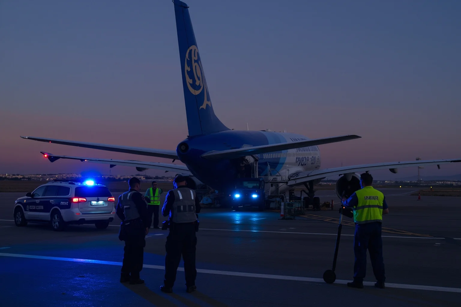 Airport tarmac at dawn, police-uniformed figures beside a passenger jet cargo hold, blue flashing lights, high-visibility vehicles, cinematic tension.