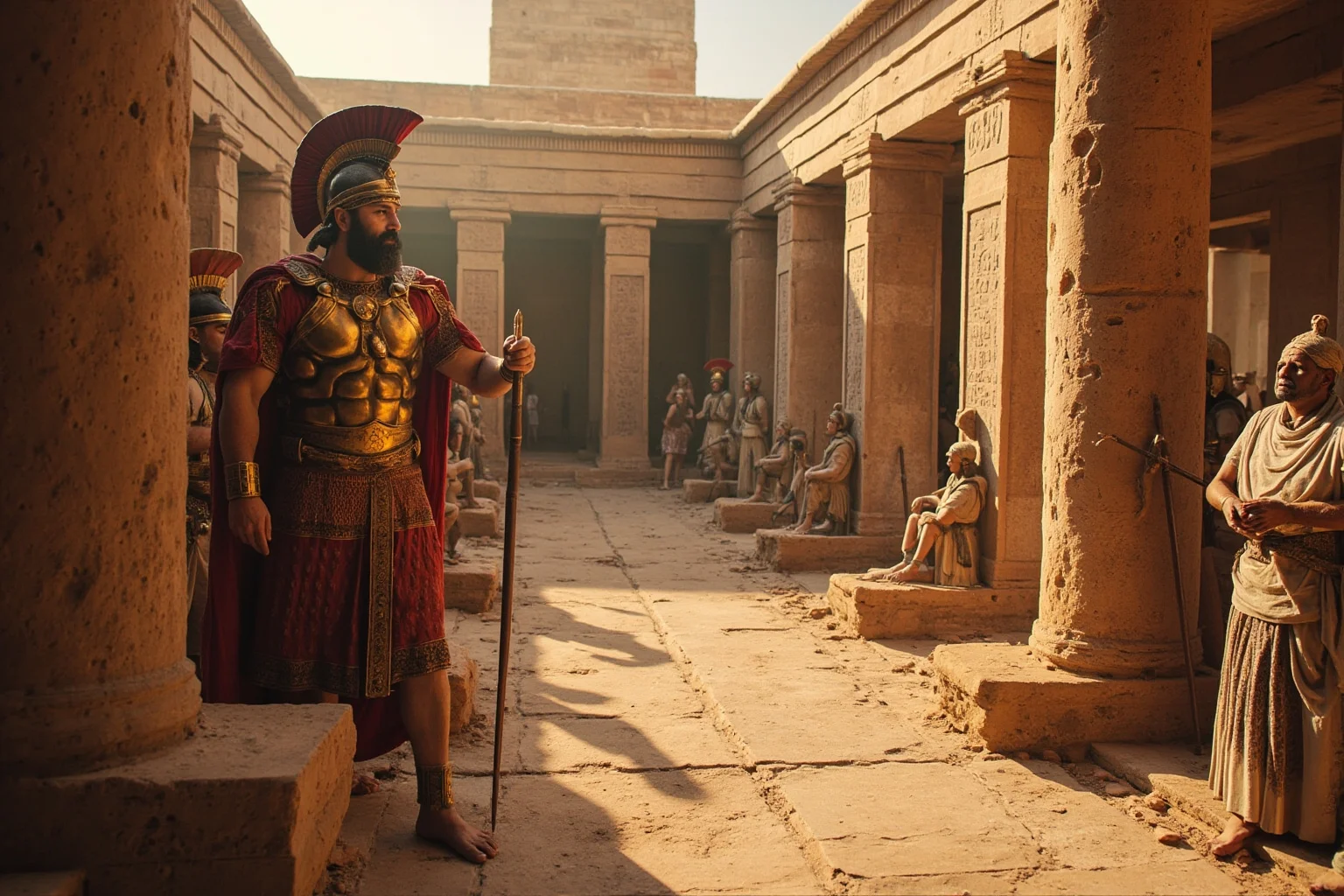 The Fertile Crescent: 20 Ancient Civilizations That Started Society As We Know It 3 Akkadian empire scene showing Sargon's soldiers and scribes recording on clay tablets in a Mesopotamian palace courtyard.