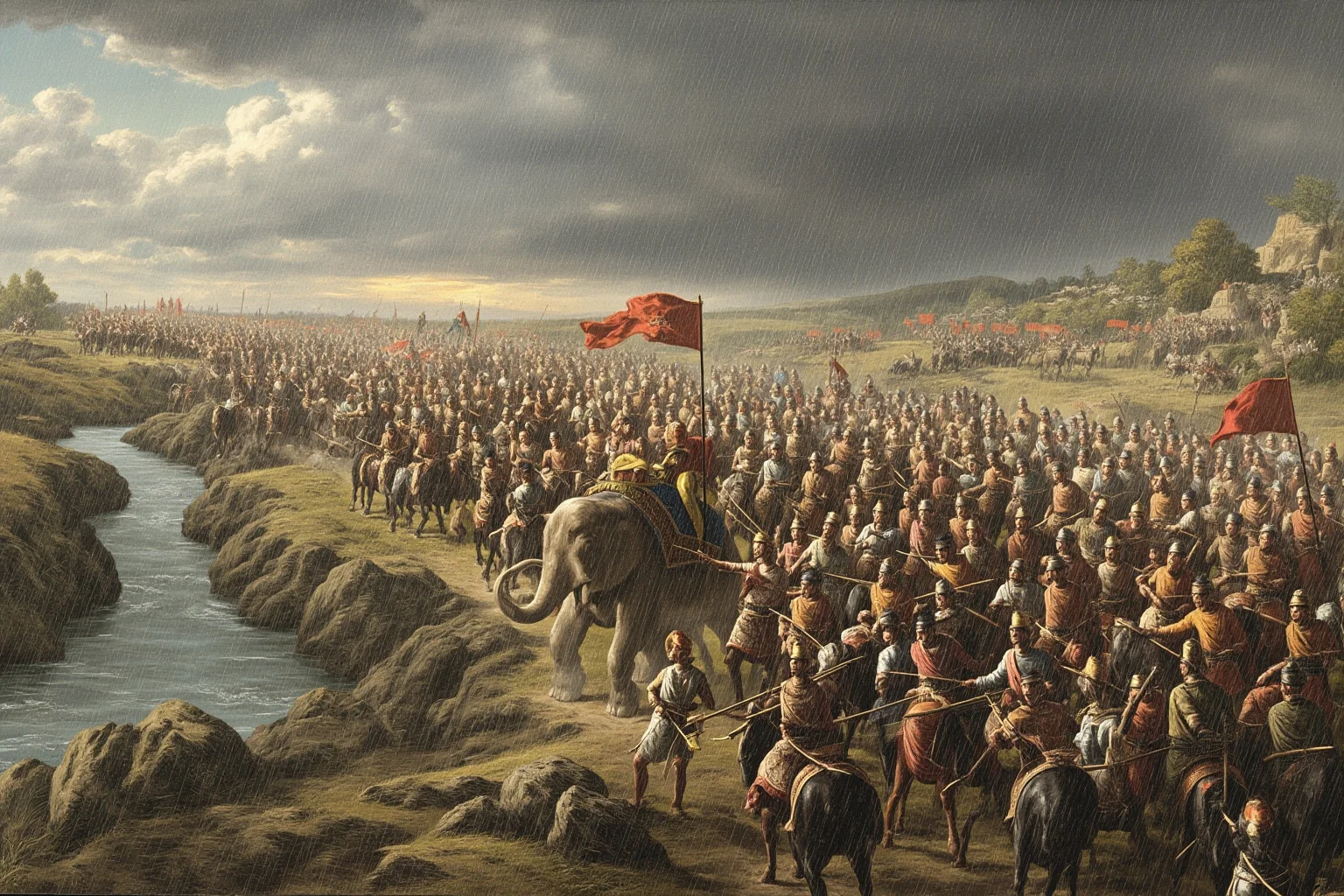 25 Epic Battles of History: The Greatest Clashes That Shaped Our World 8 Alexander's army facing war elephants across a river at the Battle of the Hydaspes, monsoon-season landscape, historical illustration