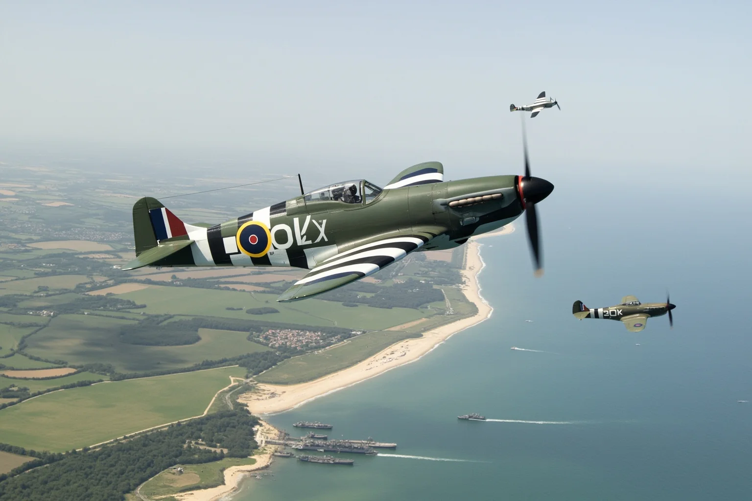 The Turning Point? 20 Facts About the Battle of Normandy 11 Allied fighter planes with distinctive black and white invasion stripes flying over the Normandy coast and ships below