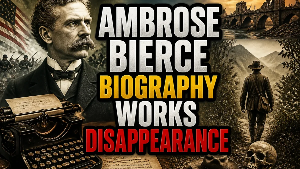 A bold, high-impact blog featured image in the style of a professional YouTube thumbnail or documentary poster. Create a dramatic photo-collage montage of 3-5 distinct historical scenes, subjects, or artifacts directly relevant to "Ambrose Bierce: The Famous Author Who Vanished Into Thin Air" — vivid, cinematic documentary-photography style, rich color grading, high contrast, dynamic diagonal composition blending the scenes together. Overlay a large, bold, stacked headline of text on top reading exactly: "AMBROSE BIERCE BIOGRAPHY WORKS DISAPPEARANCE". Render the headline in a heavy, condensed, high-contrast font with a black outline/stroke for legibility, mixing white text with a single vibrant accent color (gold, red, or orange) on the most important word or phrase for emphasis, spelled correctly. The headline text must be the dominant visual element — large, bold, and easy to read even at small thumbnail size. Vibrant, punchy, professional commercial photography and graphic-design composition. 16:9 landscape. Keep the headline text within the vertical center safe zone, away from the very top and bottom edges of the frame, since the image may be cropped afterward. No watermarks, no logos, no extra captions or invented text beyond the headline itself.