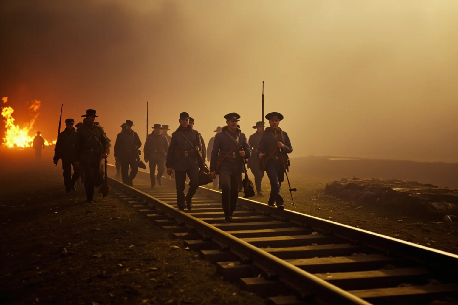 American Civil War era soldiers marching past burning rail ties, smoke in distance, somber historical style