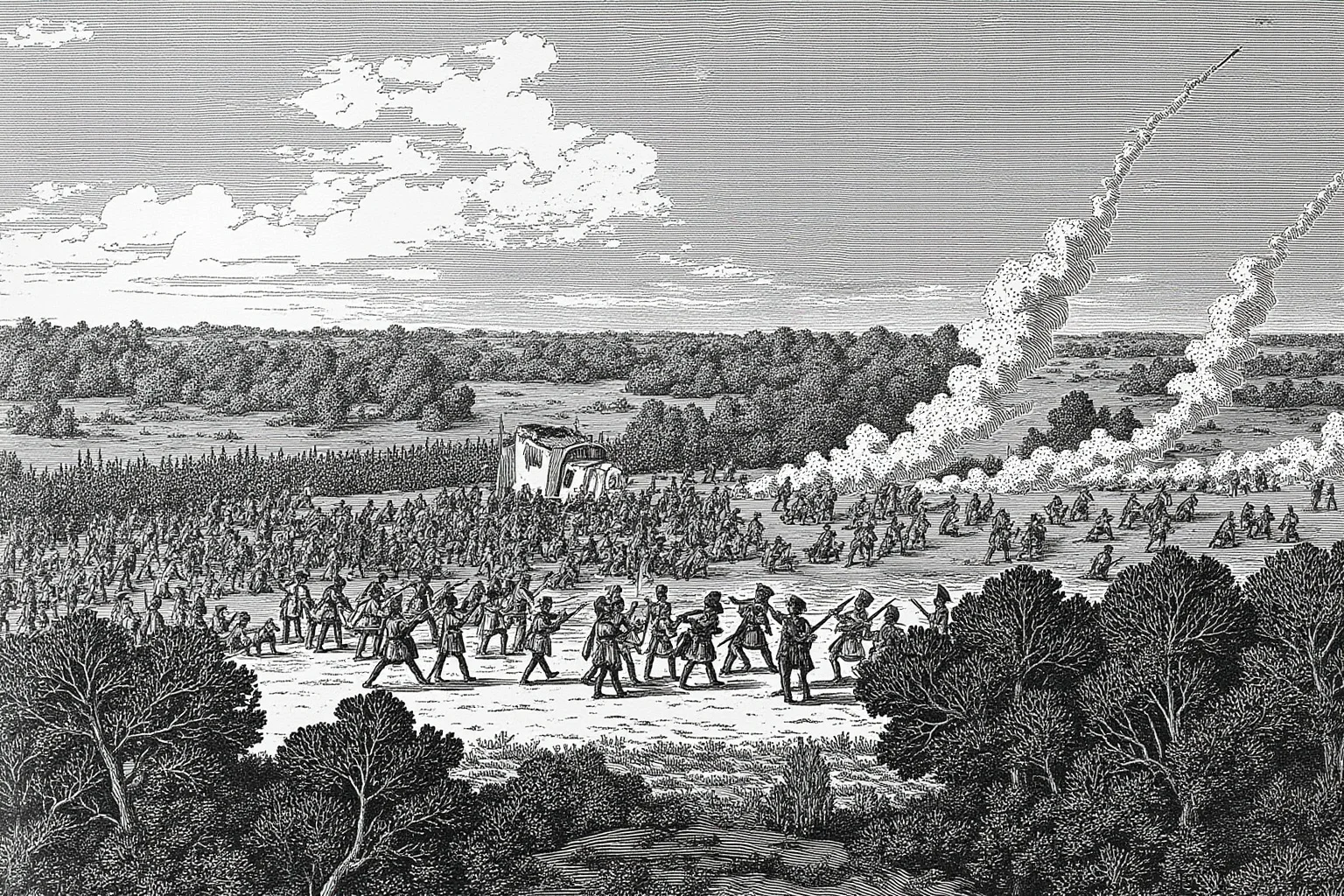 25 Epic Battles of History: The Greatest Clashes That Shaped Our World 22 American militia and Continental soldiers surrounding a British column in wooded farmland at the Battle of Saratoga, 1777, historical illustration