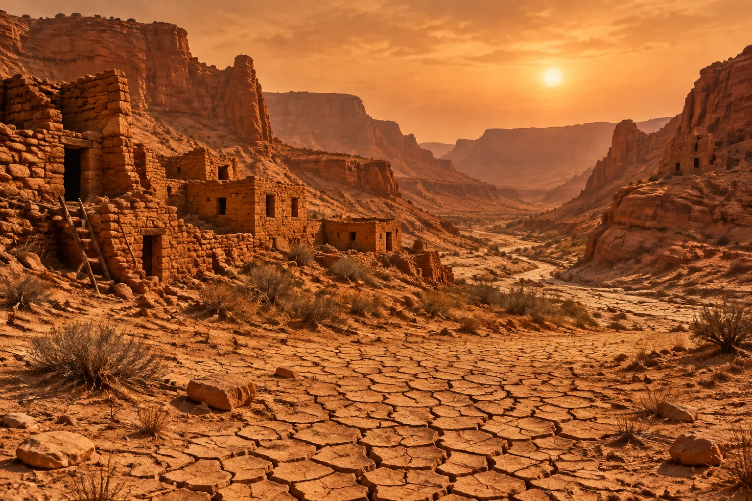 The Single Worst Time Period in Human History? What the Evidence Actually Shows 23 American Southwest desert canyon with cracked dry earth and abandoned stone dwellings during a medieval megadrought, dusty orange tones.