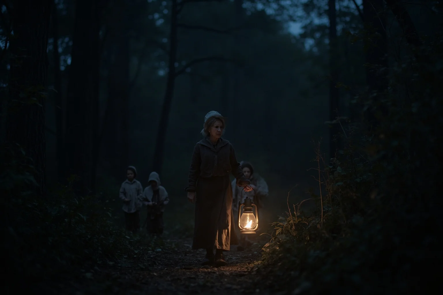 American woman abolitionist guiding a small group through a moonlit forest path, lantern in hand, determined expression