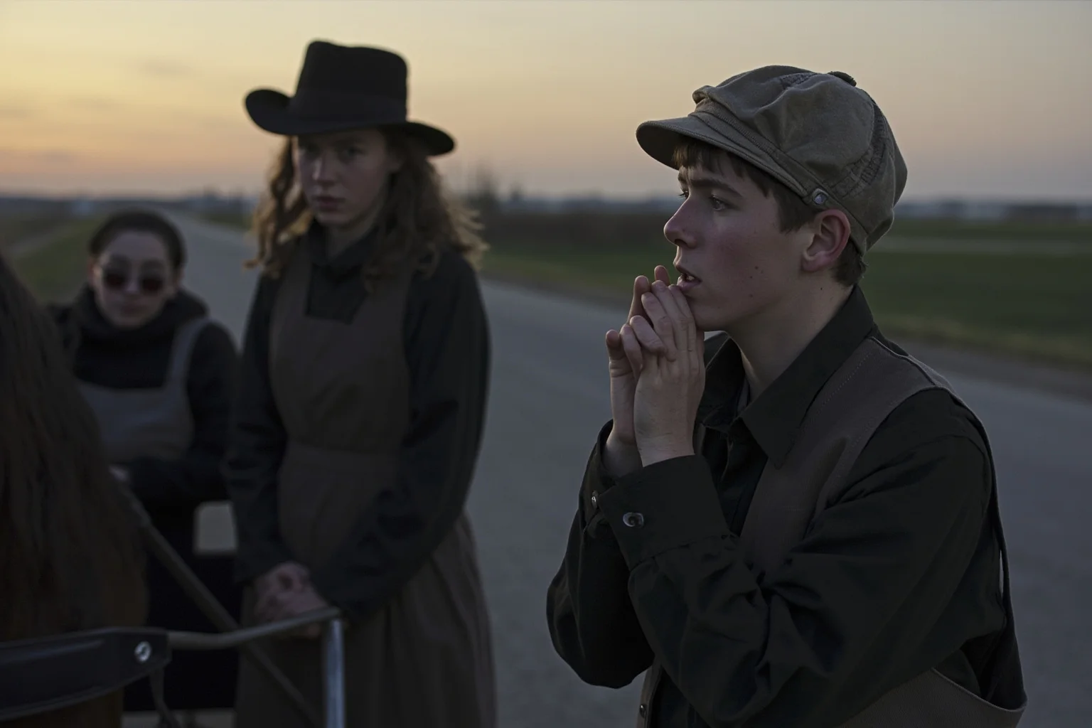 Amish teenagers in plain clothing standing by a horse and buggy on a country road at dusk, thoughtful expressions