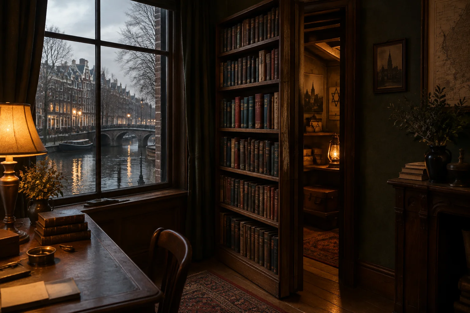 Amsterdam canal house with a hidden bookcase door ajar, warm lamplight, WWII-era atmosphere, symbolic hiding place, no people
