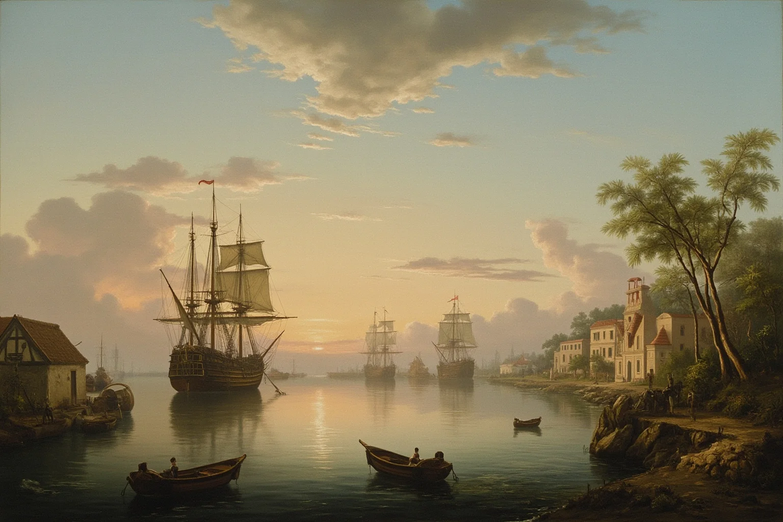 An 18th-century Caribbean harbor at dawn with sailing ships and colonial buildings, muted tropical colors, no people visible.