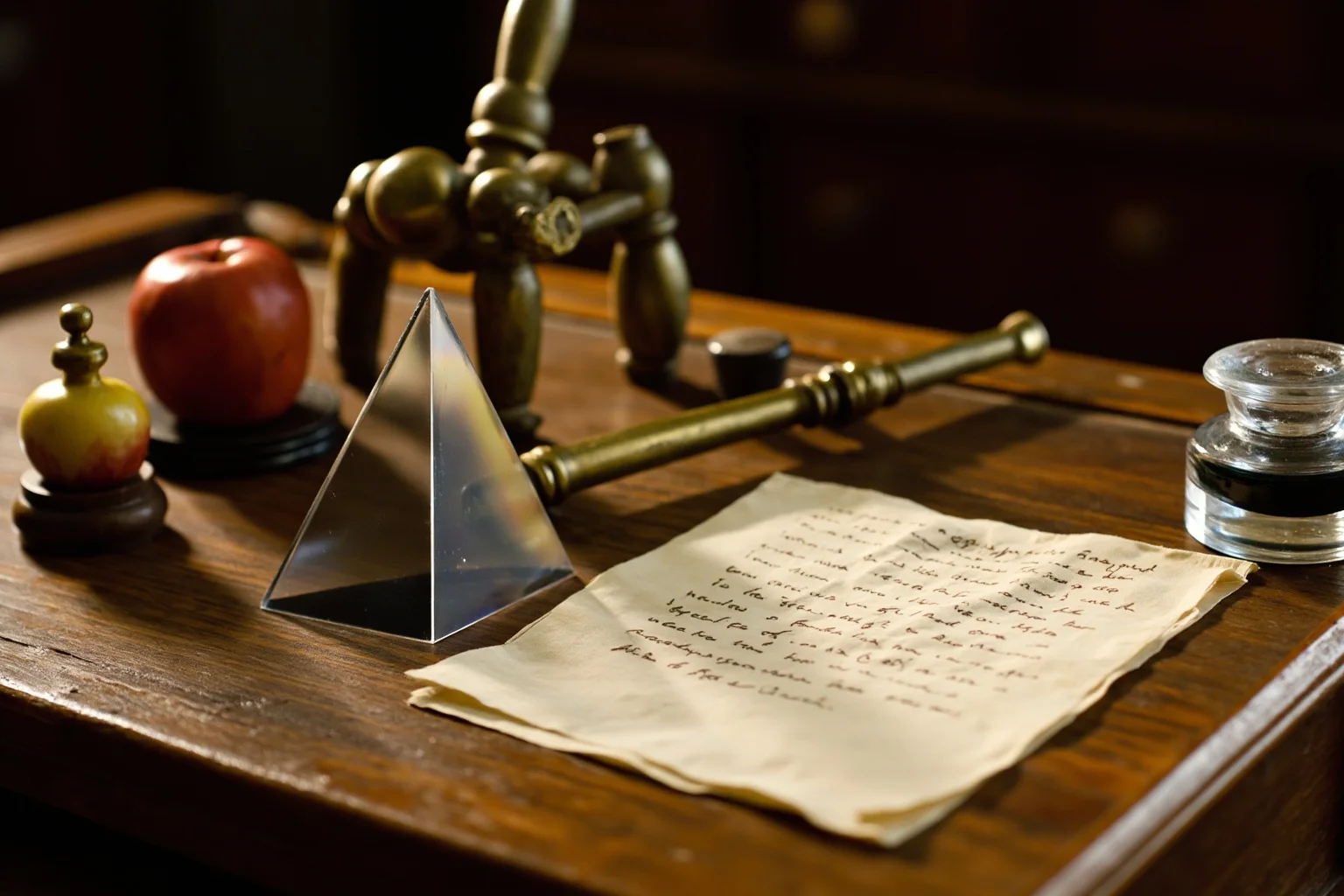 25 Times Historical Figures Predicted the End of the World 14 An 18th-century English study with a prism, a small telescope, and a manuscript page showing the number 2060, an apple and inkwell on the desk.