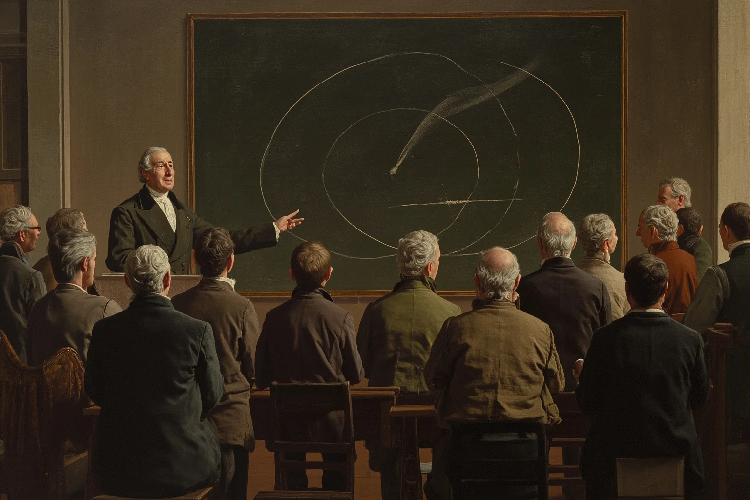 25 Times Historical Figures Predicted the End of the World 15 An 18th-century London lecture hall where a speaker points at a chalkboard diagram of a comet's orbit, a seated audience of gentlemen in coats and wigs seen from behind.