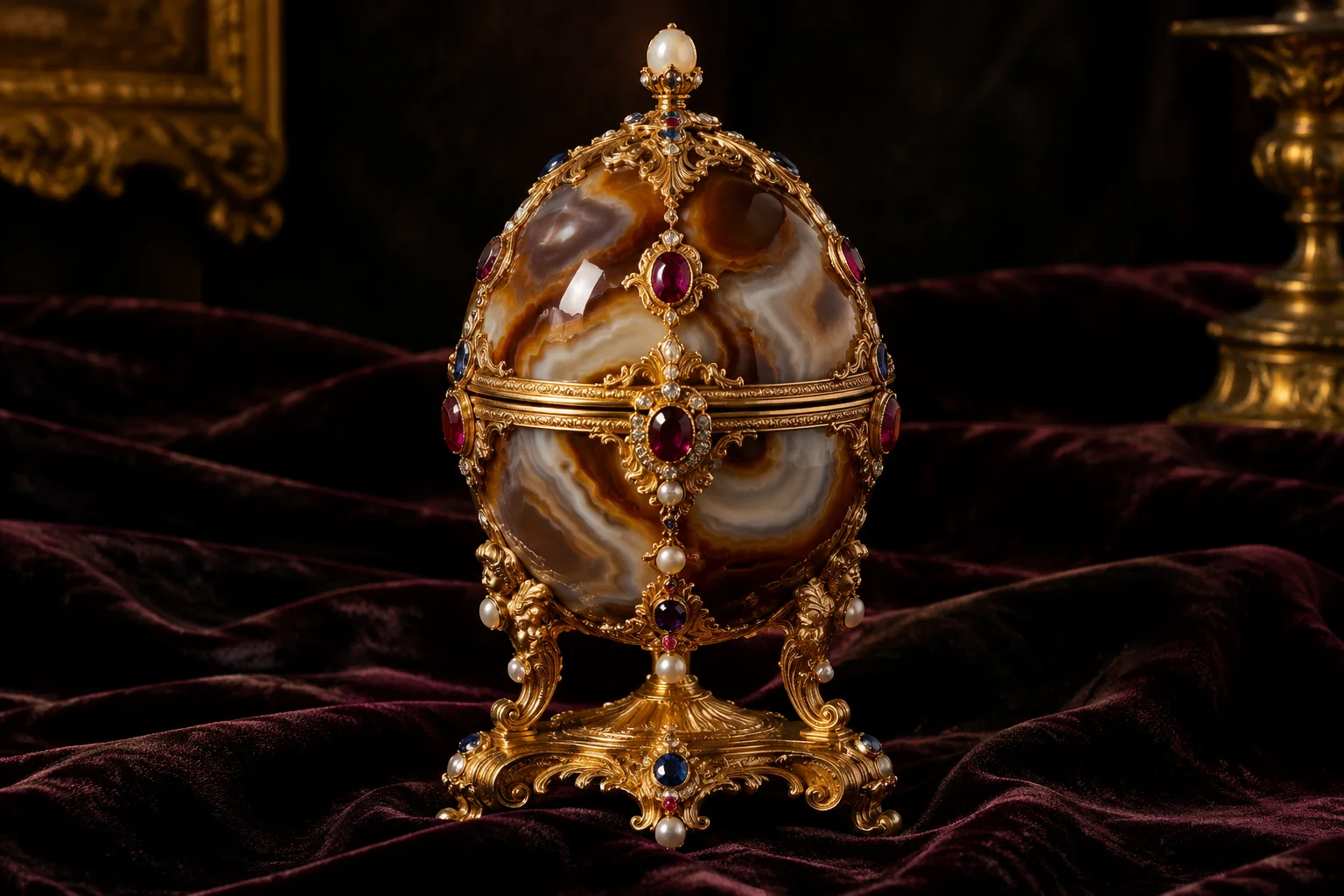 An agate egg carved in Renaissance style with jewels, resembling a 17th-century casket, on a dark velvet cloth.