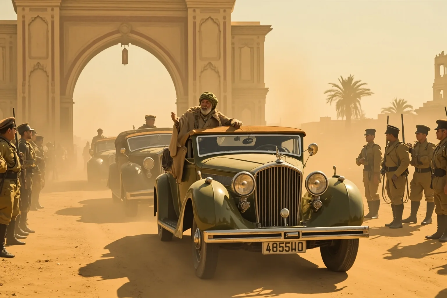 An ageing monarch in a motorcade car leaving a city gate, soldiers standing at the roadside in the dust, 1940s Middle Eastern setting, dusty ochre palette.
