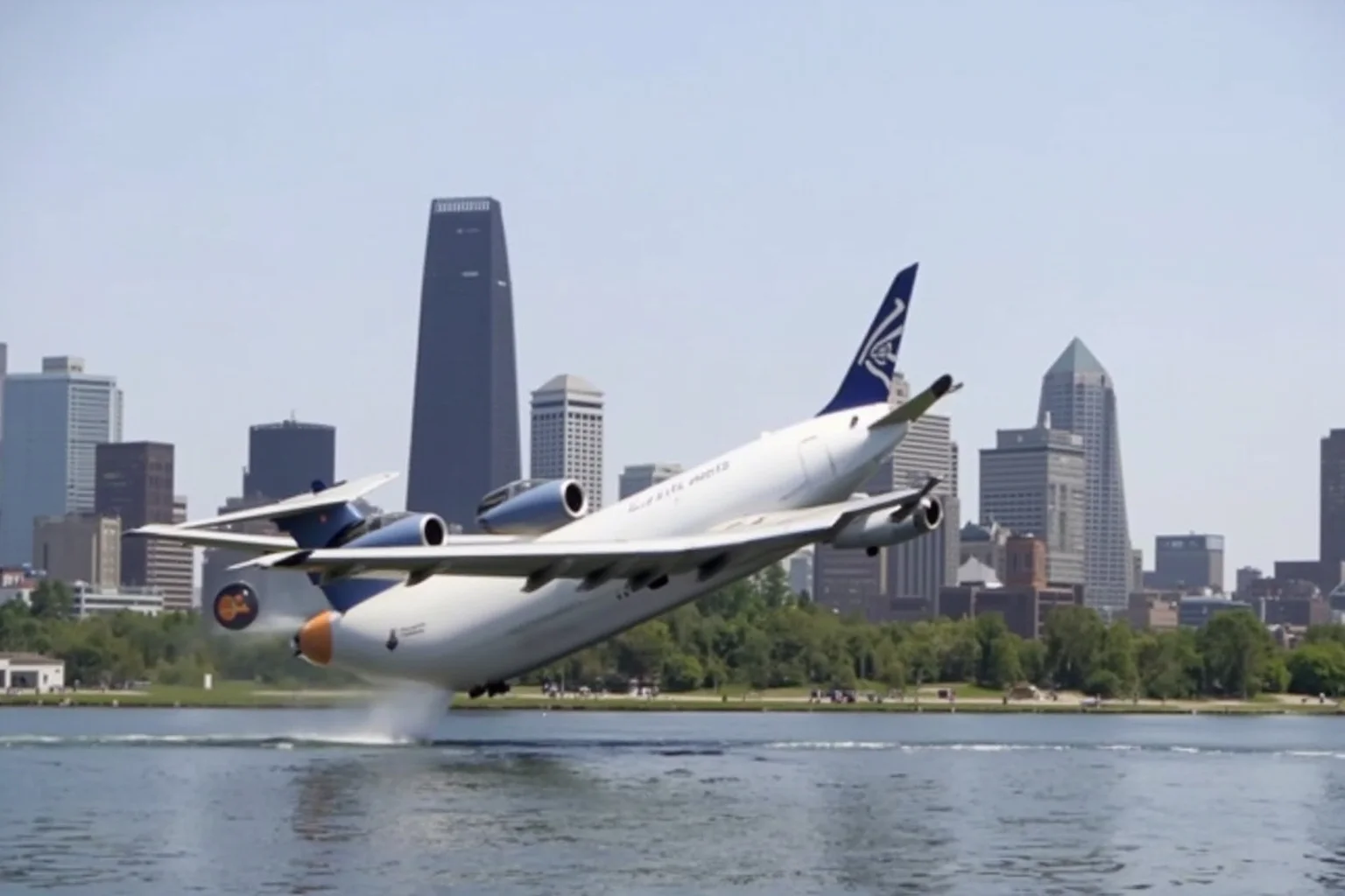 The Greatest Underdog Stories in History: 20 Unlikely Wins That Still Inspire 12 An airliner gliding low over a river with city skyline in the background, calm water, based on a real emergency landing, no identifiable people.