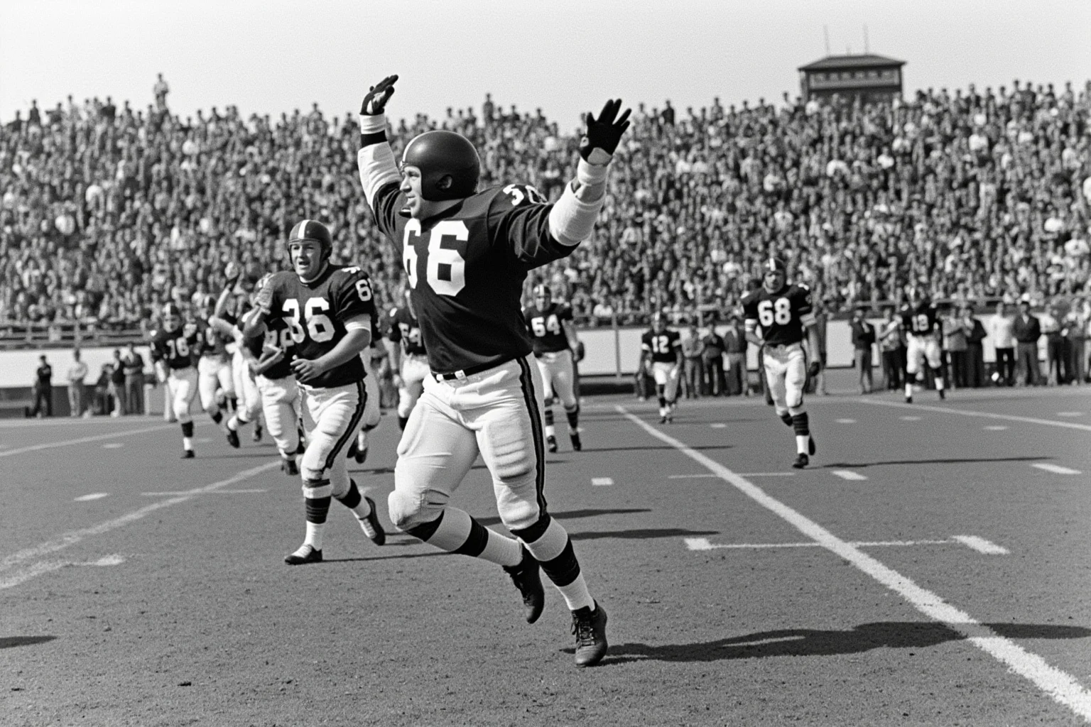 The Greatest Underdog Stories in History: 20 Unlikely Wins That Still Inspire 10 An American football field from the late 1960s with players celebrating an upset win, vintage photography style, no identifiable faces.