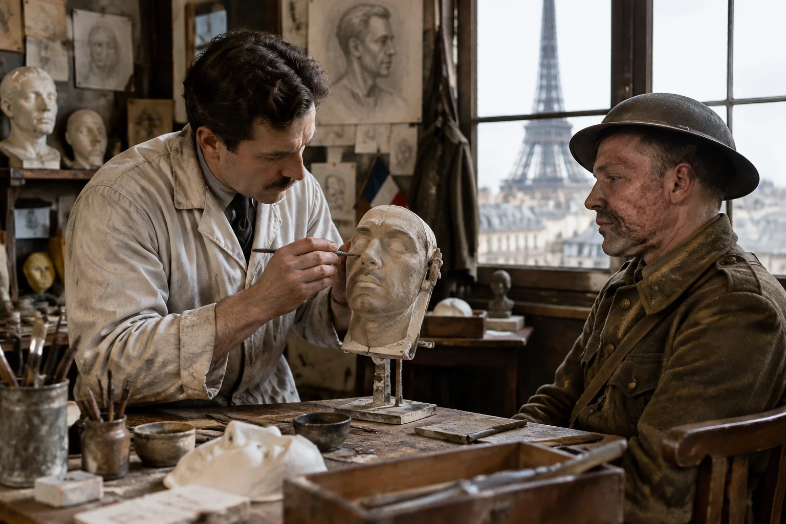 An American sculptor in a Paris studio, creating a facial prosthetic mask for a disfigured soldier, WWI era, safe for work.