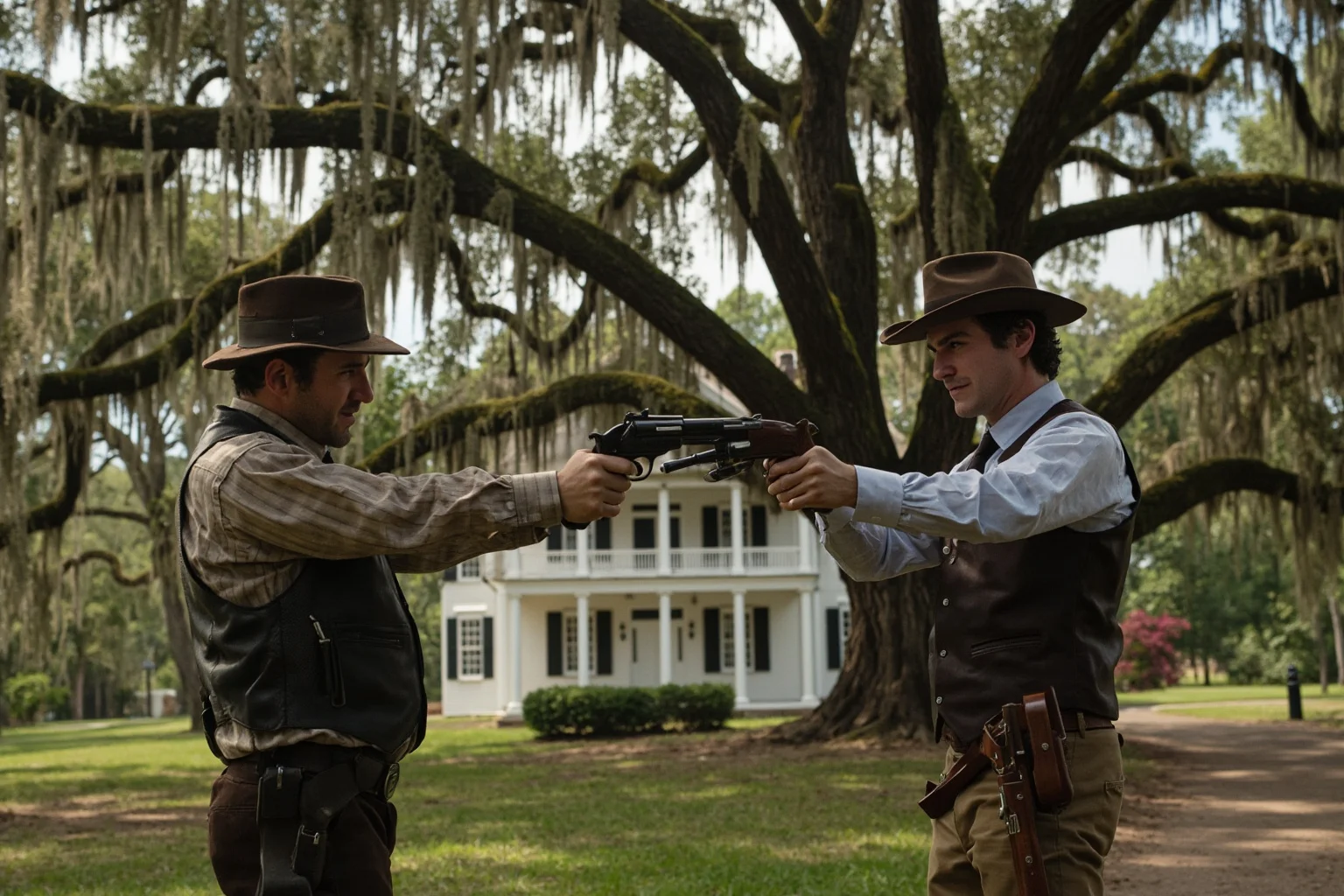 An American Southern plantation setting with two men facing off with pistols, oak trees draped in Spanish moss.