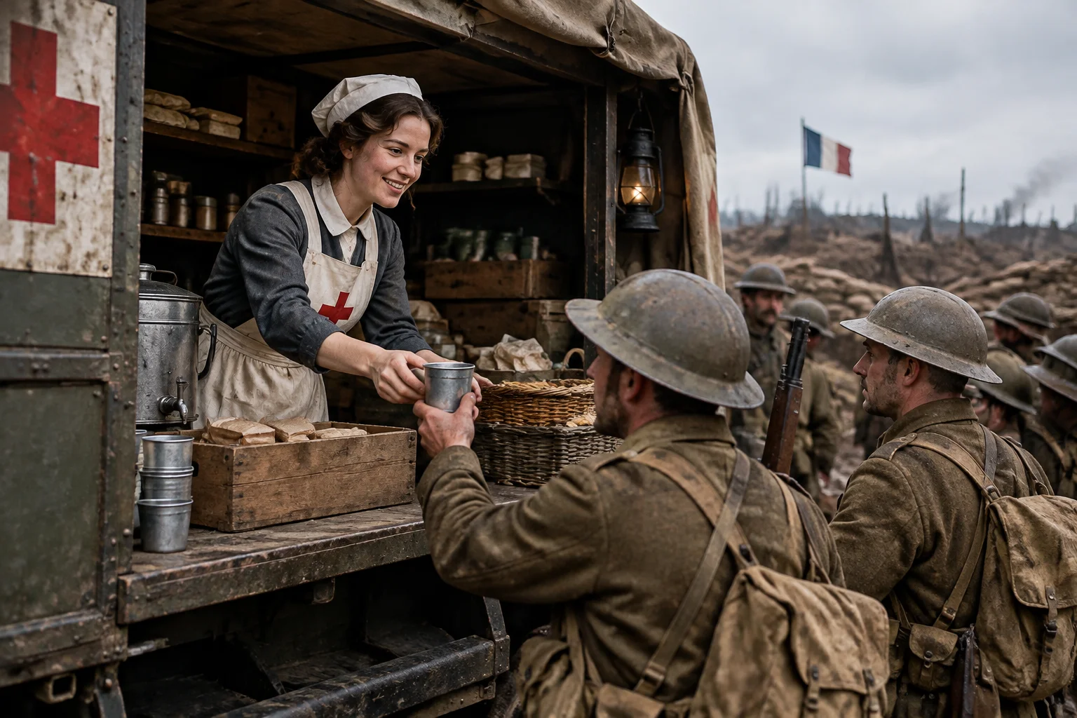 An American woman in a canteen truck near the front lines in France, handing out supplies to soldiers, WWI setting, safe for work.