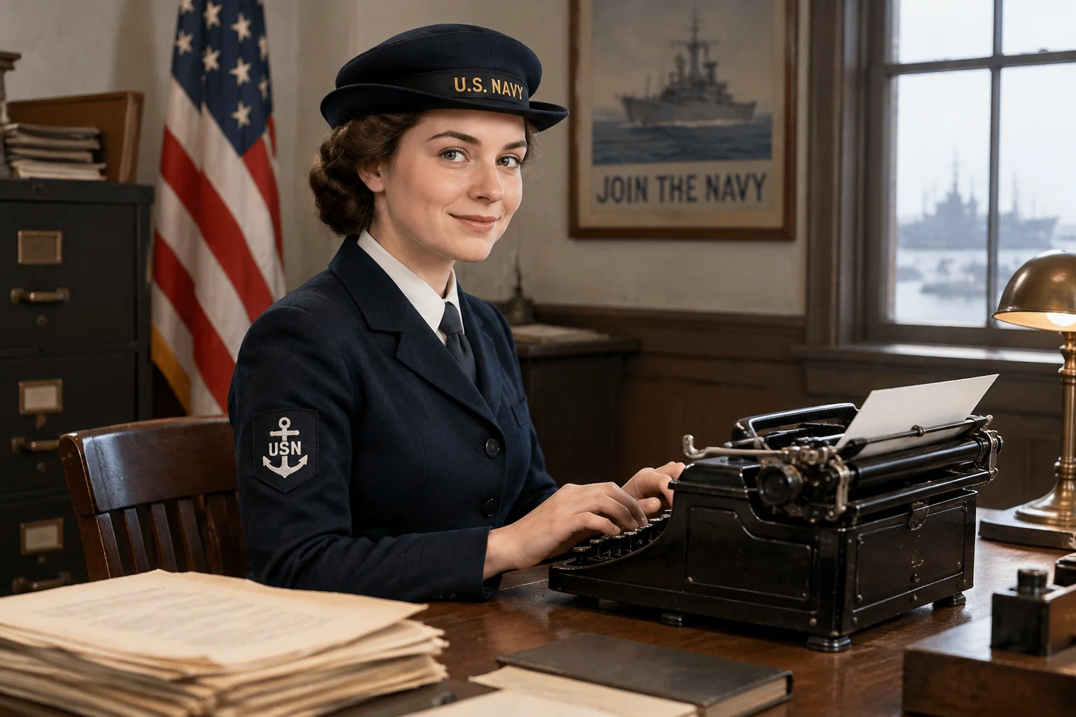 An American woman in a U.S. Navy yeoman uniform from 1917, working at a desk with a typewriter, looking confident, safe for work.