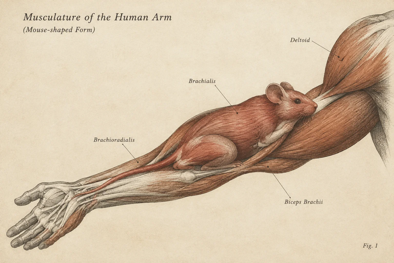 An anatomical illustration of a human arm muscle shaped subtly like a small mouse, vintage scientific engraving style.