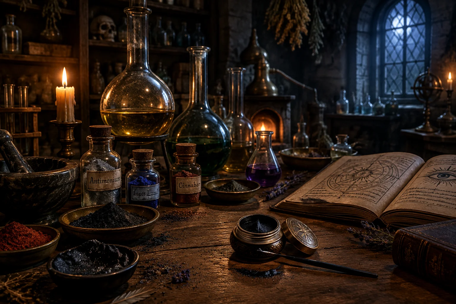 An ancient alchemist's laboratory with glass vessels, powders, and an eye-makeup pot on a wooden bench, moody illustration.