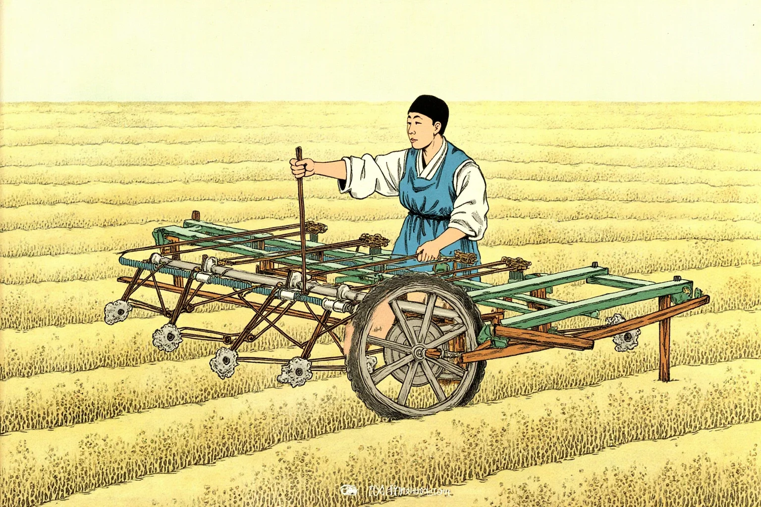 An ancient Chinese farmer using a multi-tube seed drill in a field, illustrated style